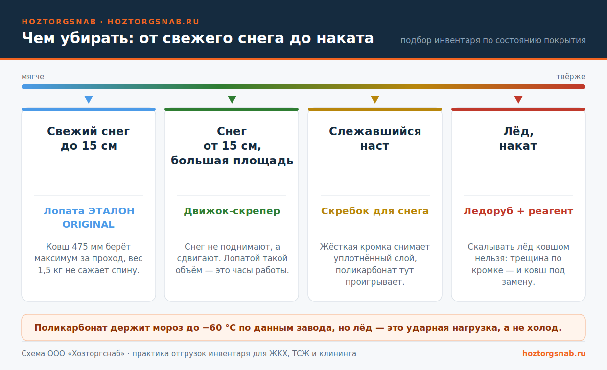 Чем убирать снег, наст и лёд: лопата из поликарбоната, движок-скрепер, скребок, ледоруб и реагент